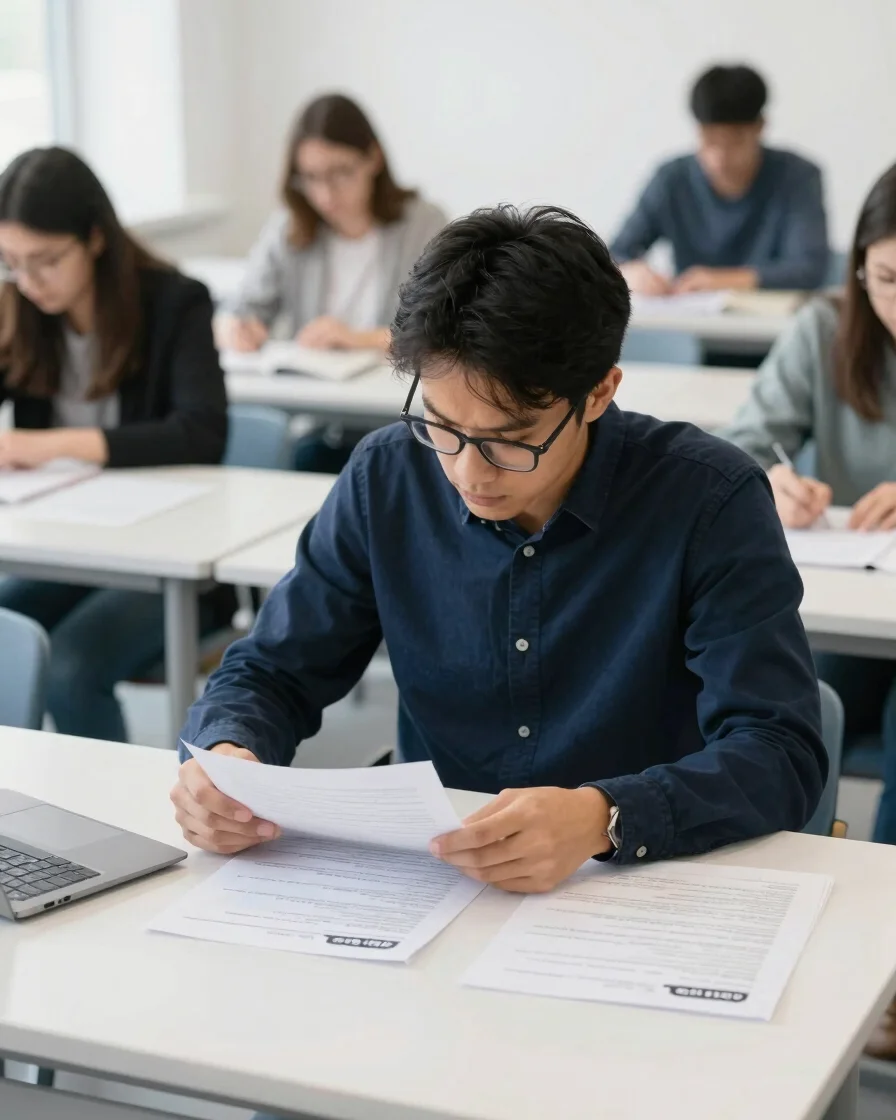 Adult learner reviewing course paperwork at a bright contemporary
